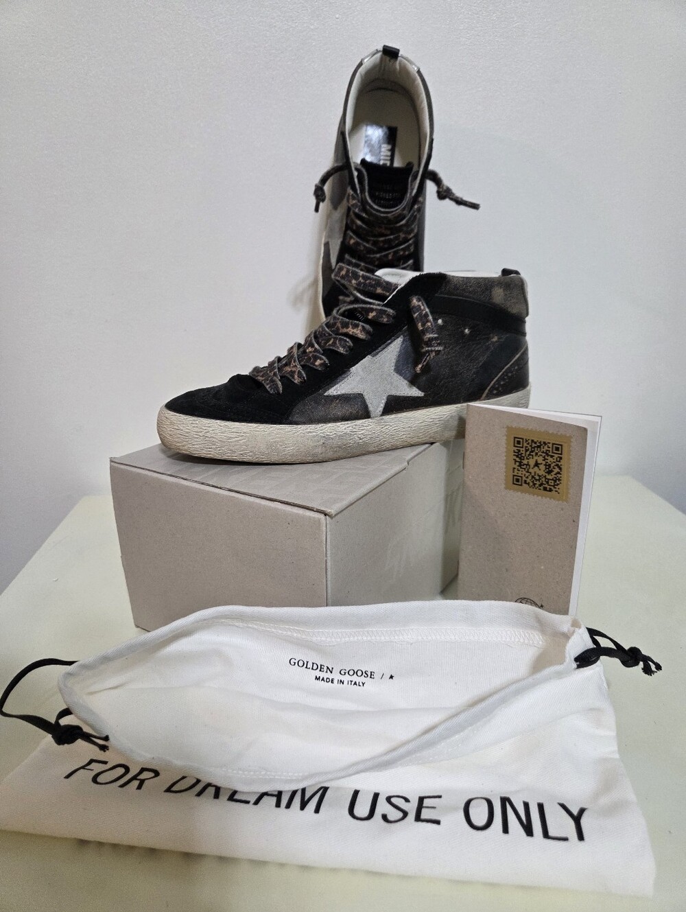 Golden Goose Women's MidStar Classic Black High-Top Sneakers With Cheetah Laces - Picture 2 of 11